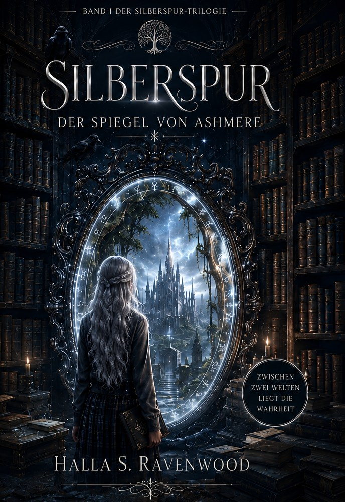 Buchcover Silberspur Band 1: Der Spiegel von Ashmere, Romantasy von Halla S. Ravenwood