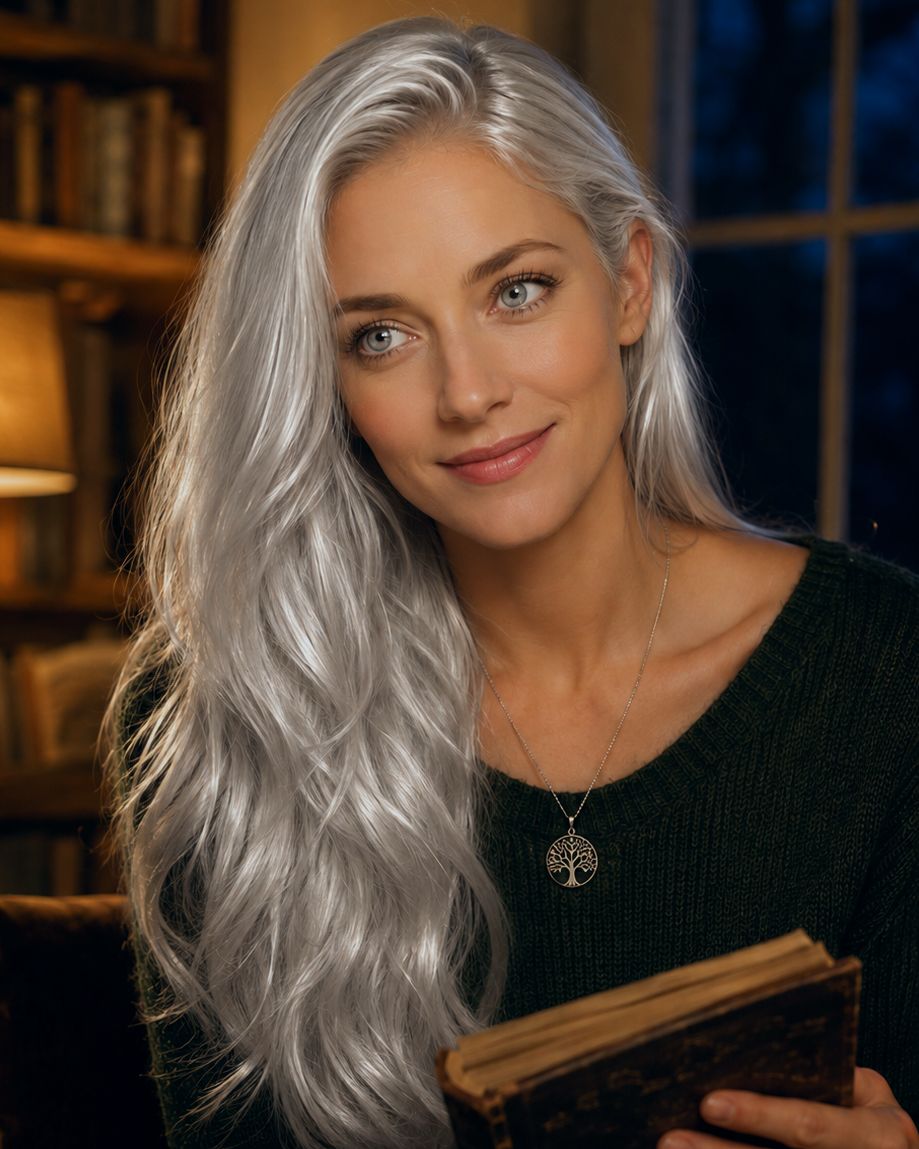 Eleanor Sylverin Raynold mit mondsilbernem Haar und Märchenbuch, den Lebensbaum-Anhänger um den Hals