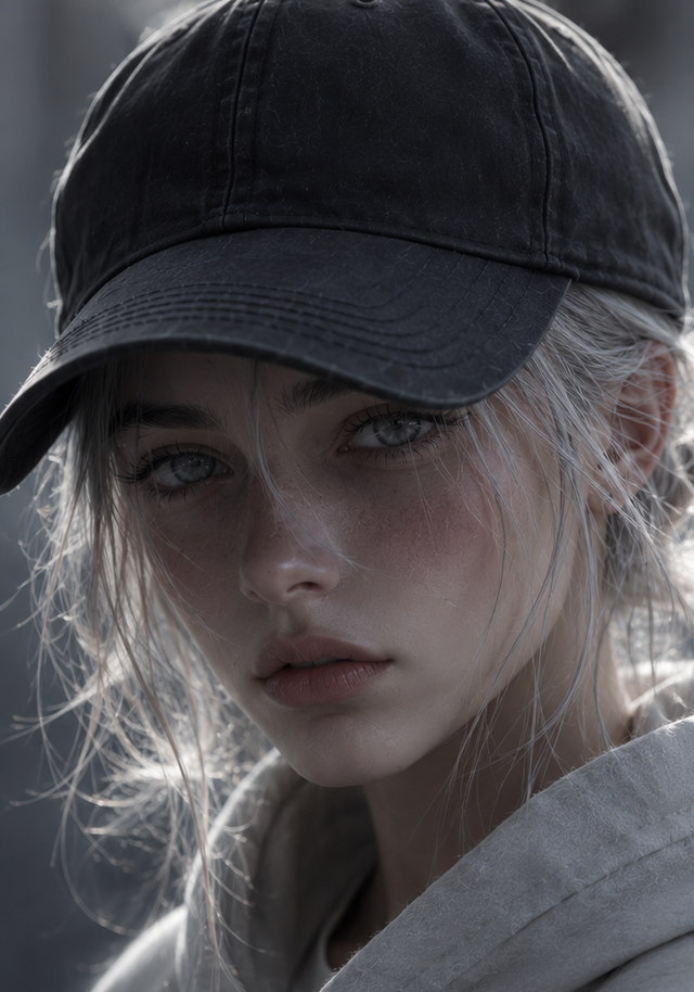 Tess Raynold aus der Silberspur-Trilogie: silbernes Haar unter einer Mütze, helle graue Augen