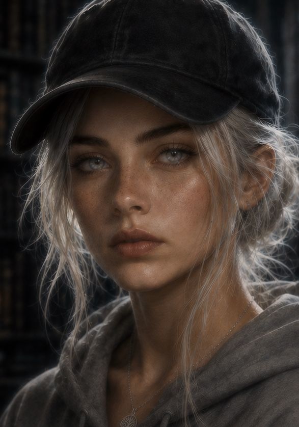 Tess Raynold aus der Silberspur-Trilogie: mondsilbernes Haar unter einer dunklen Mütze, helle graue Augen